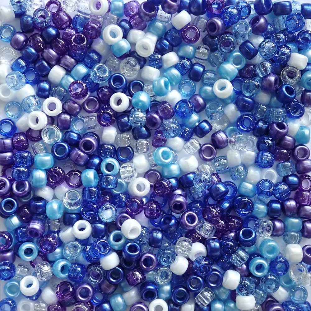 Celestial Sky Blue Purple Mix Plastic Pony Beads. Size 6 x 9 mm. Craft Beads. Made in the USA.