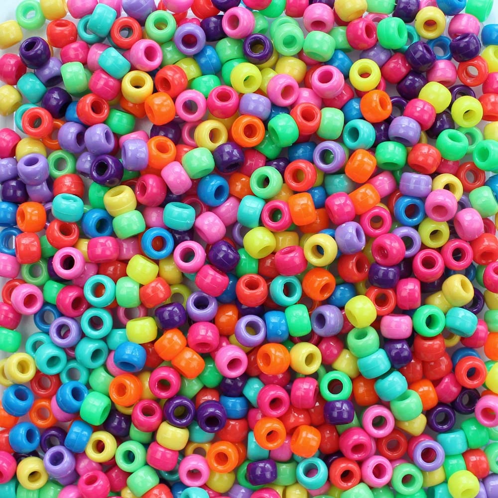 Vivid Rainbow Plastic Pony Beads. Size 6 x 9 mm. Craft Beads. Made in the USA.