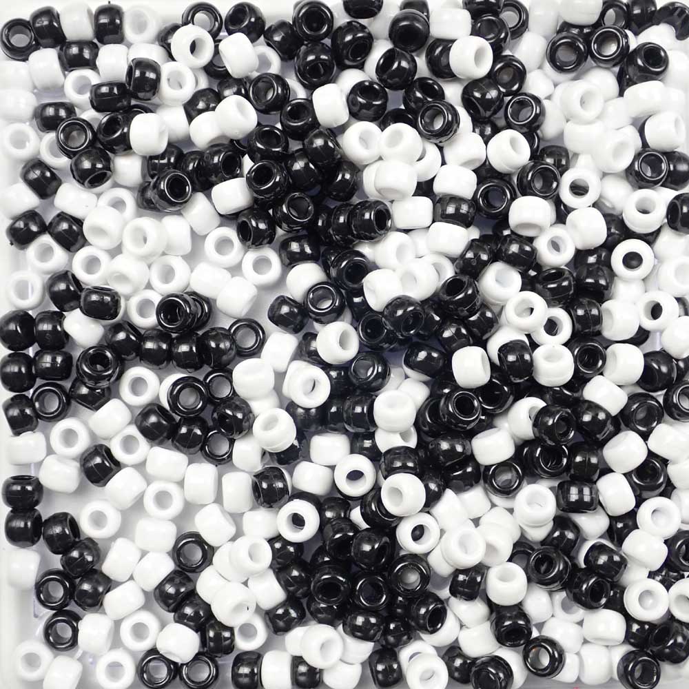 Black & White Mix Plastic Pony Beads. Size 6 x 9 mm. Craft Beads. Made in the USA.
