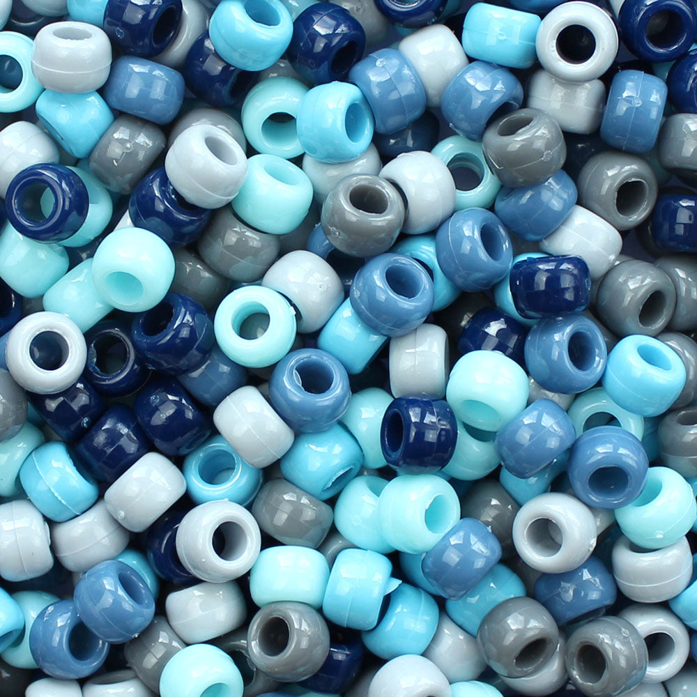Blue Camouflage Mix Plastic Pony Beads. Size 6 x 9 mm. Craft Beads. Made in the USA.