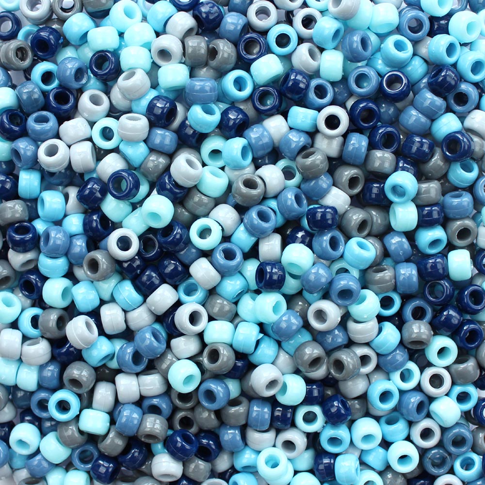 Blue Camouflage Mix Plastic Pony Beads. Size 6 x 9 mm. Craft Beads. Made in the USA.