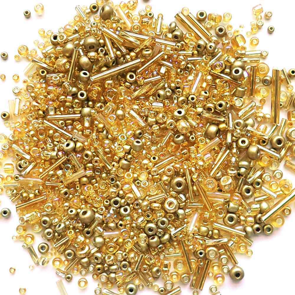 Glass Seed Bead Mix, Gold Theme, about 20 grams
