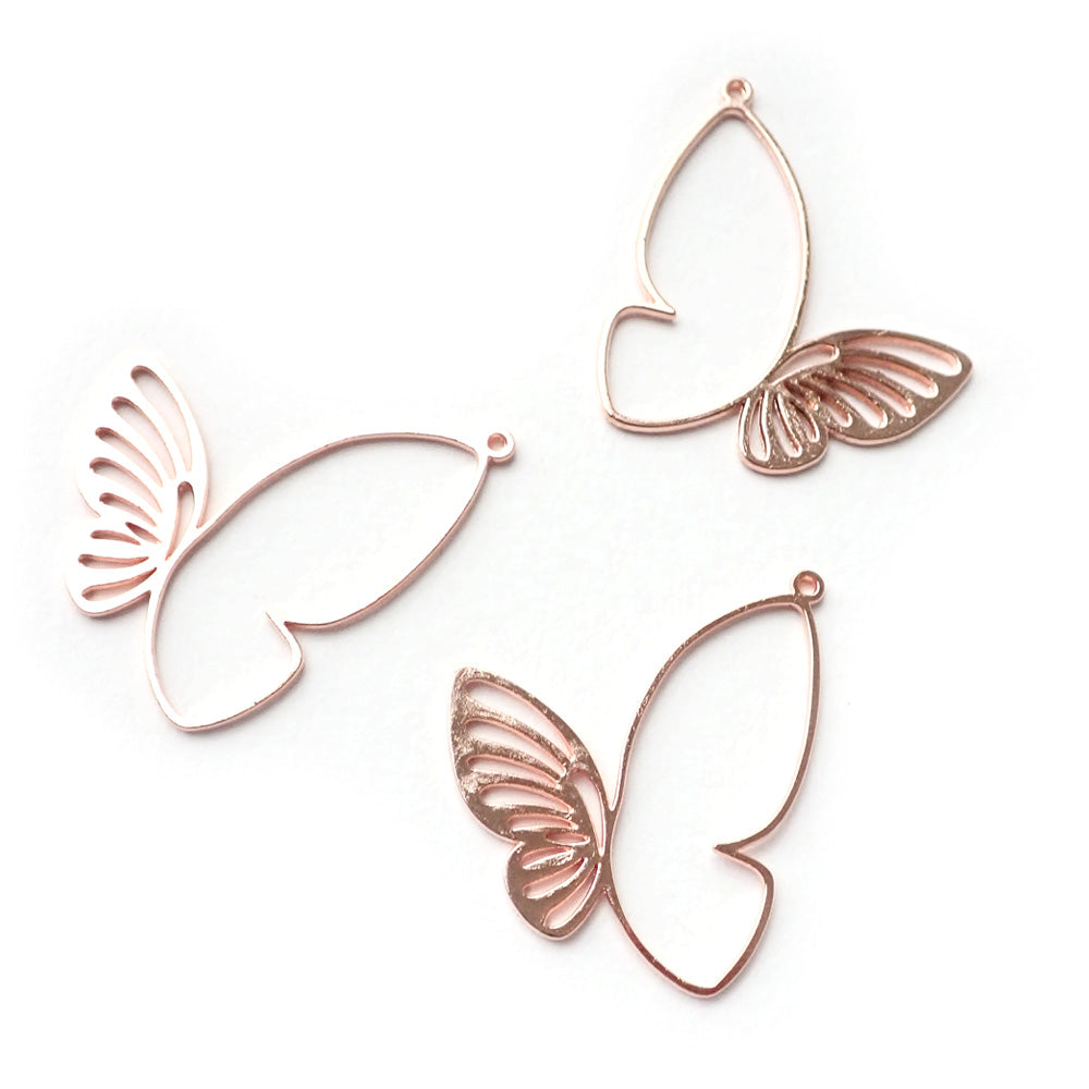 Rose Gold Tone Butterflies Hollow Metal Charms, 3 pcs, for jewelry making & crafts