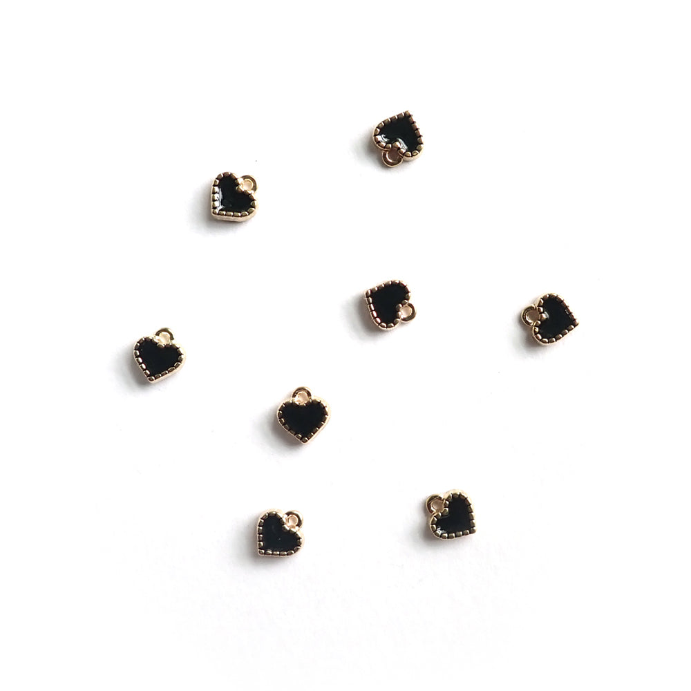 Black & Gold Enamel Metal Heart Charms, 8mm, about 8 charms, for making bracelets & jewelry