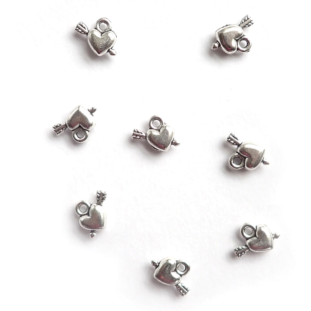 Puffy Heart & Arrow Metal Charms, Silver Tone Color, about 8 charms, for making bracelets & jewelry