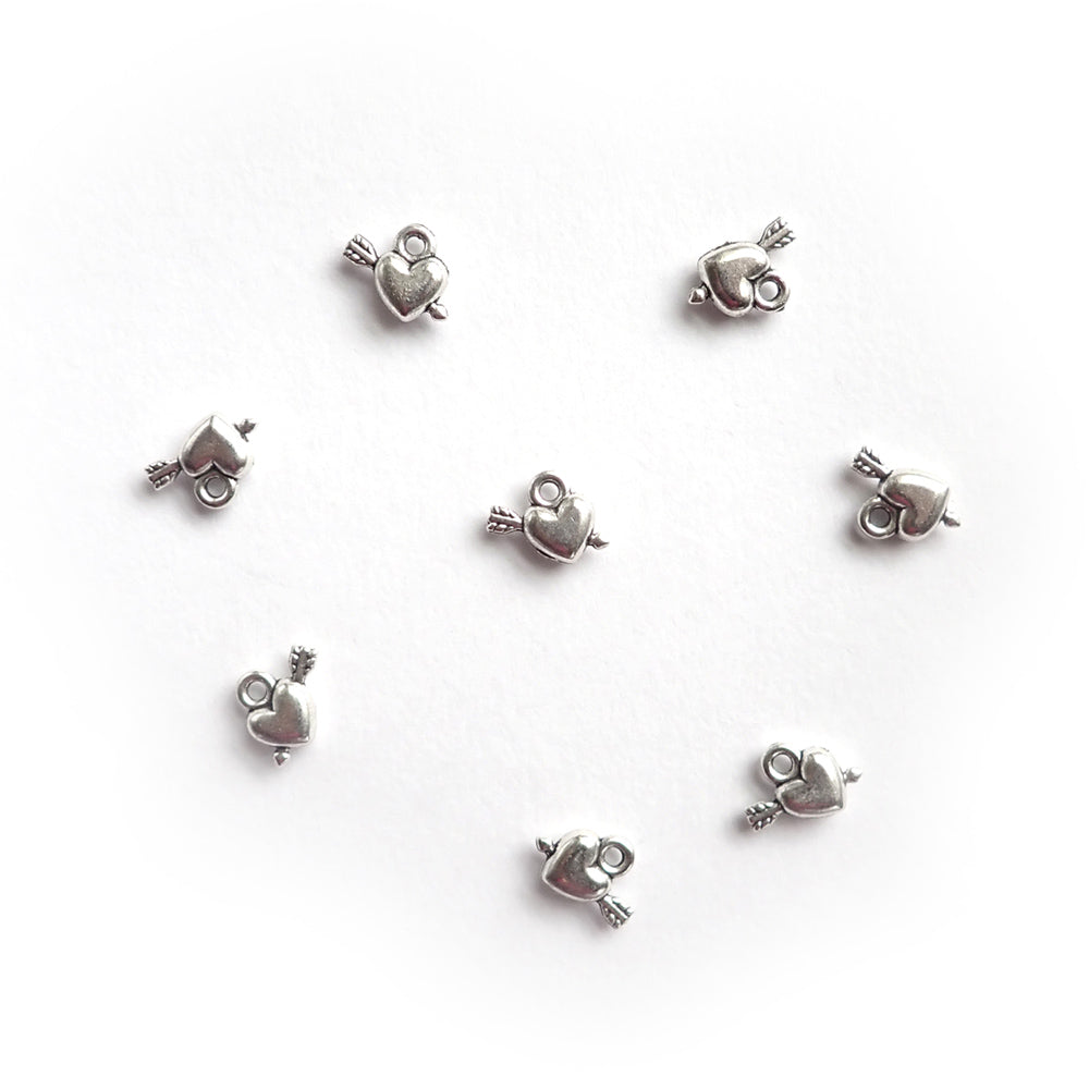 Puffy Heart & Arrow Metal Charms, Silver Tone Color, about 8 charms, for making bracelets & jewelry