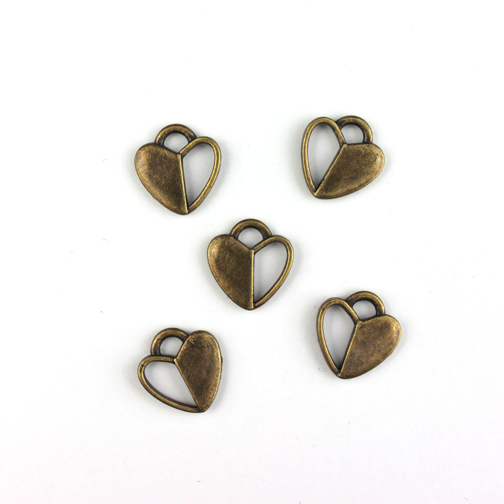 Heart Metal Charms (half open), Antique Bronze Color, about 8 charms