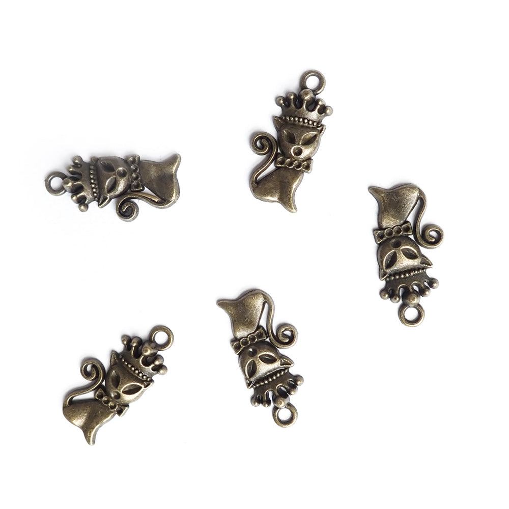 Princess Crown Cat Charm, Antique Bronze Color, 5pcs