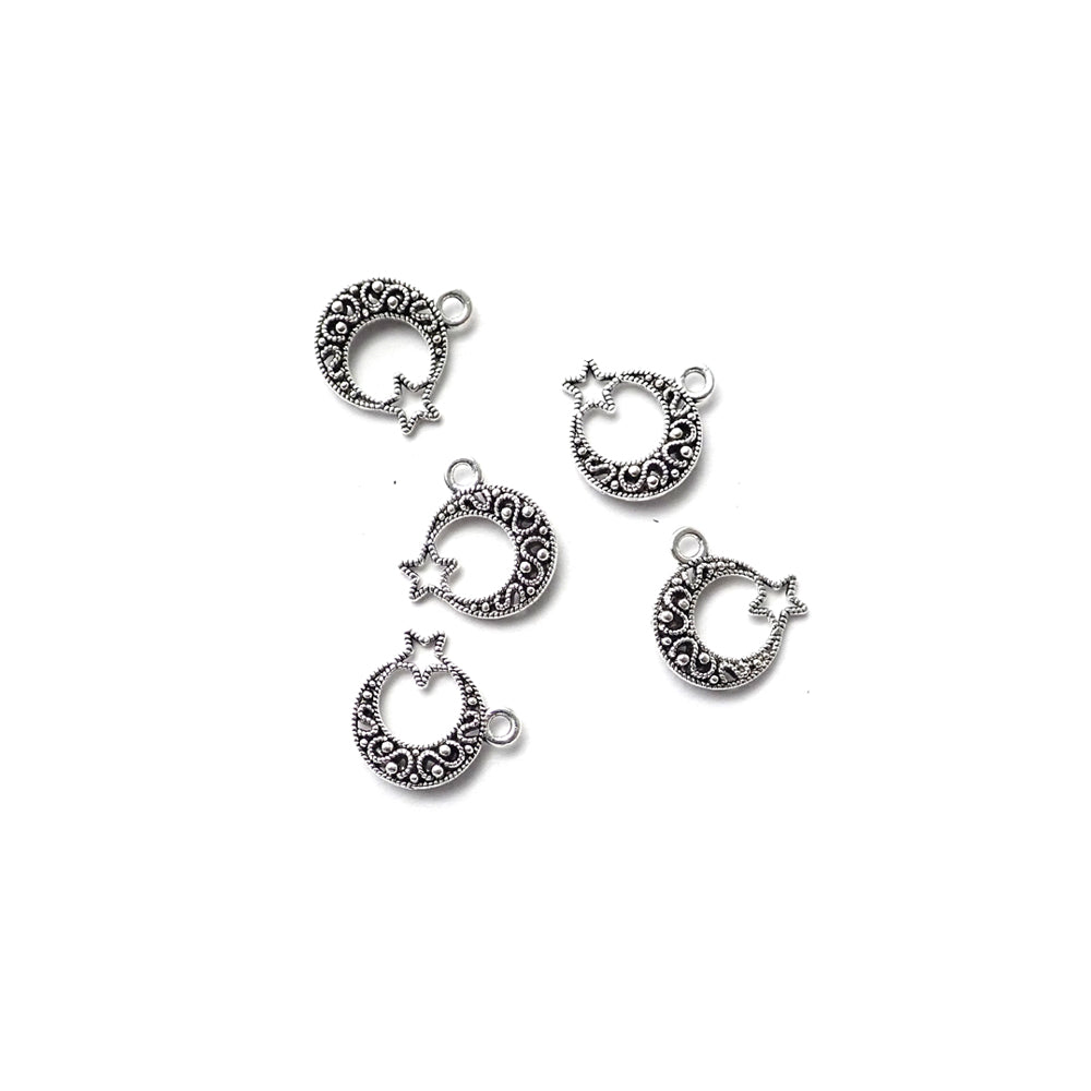 Ornate Moon & Star Metal Charms, Silver Tone Color, about 5 charms, for making bracelets & jewelry