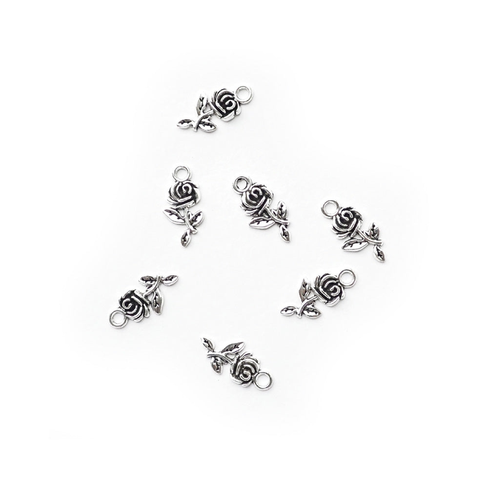 Rose Stems Metal Charms, Silver Tone Color, about 8 charms, for making bracelets & jewelry
