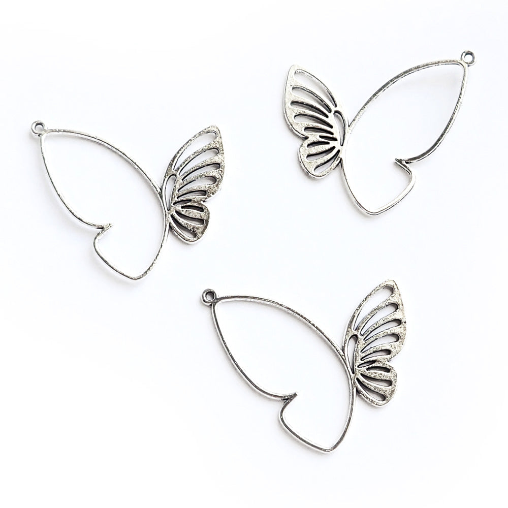 Large Buttterfly Charm Pendants, Silver Tone Color, 3 charms