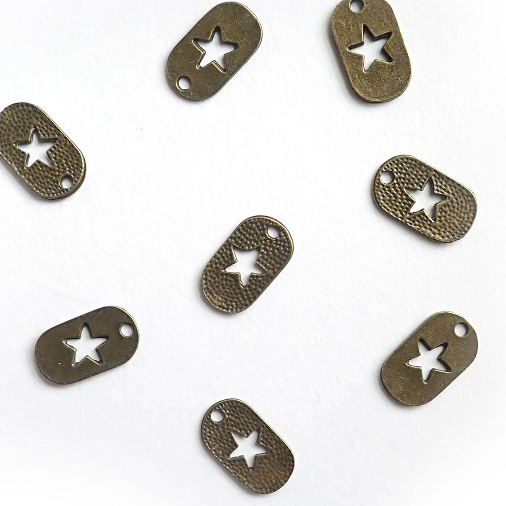 Dog Tag Metal Charms w/ star cut out, 11 x 19mm, Antique Bronze Color, about 8 charms