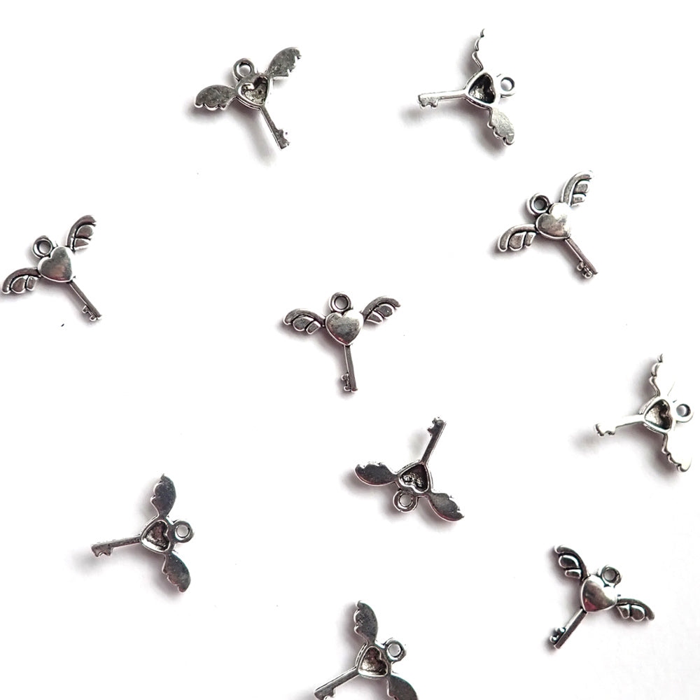 Winged Heart Key Metal Charms, Silver Color, 10 x 15mm, about 10 charms, for making bracelets & jewelry