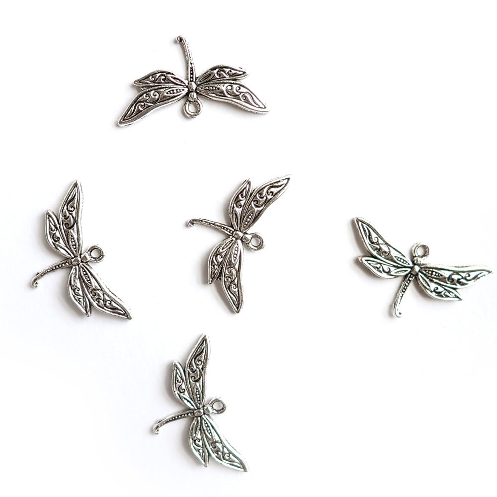 Large Dragonfly Metal Charms, Silver Color, 5 charms