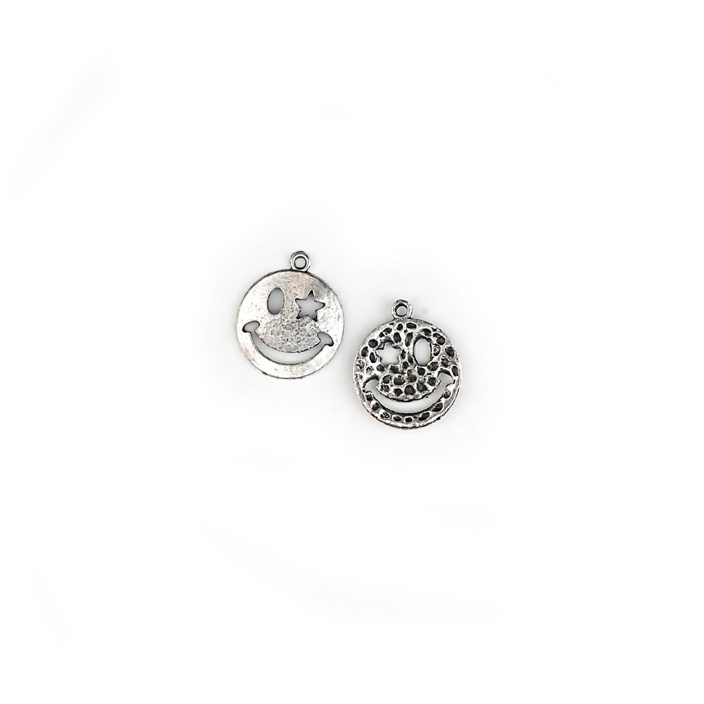 Smiley Face Charms w/ Star Eye, 22mm, Silver Color, 8pcs