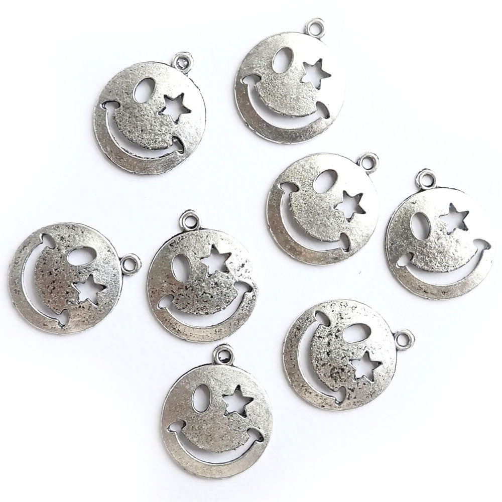 Smiley Face Charms w/ Star Eye, 22mm, Silver Color, 8pcs