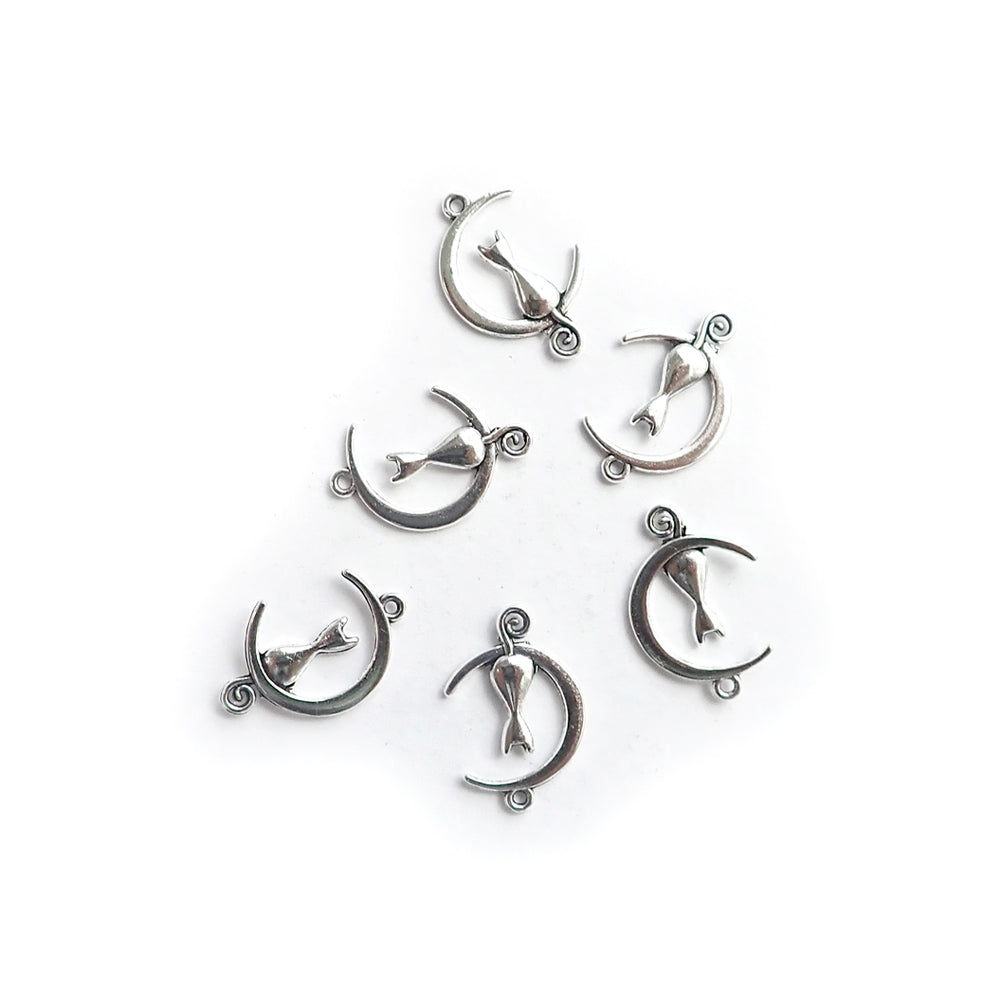 Cat Moon Silhouette Metal Charms, Silver Tone Color, 6 charms, for jewelry making & crafts
