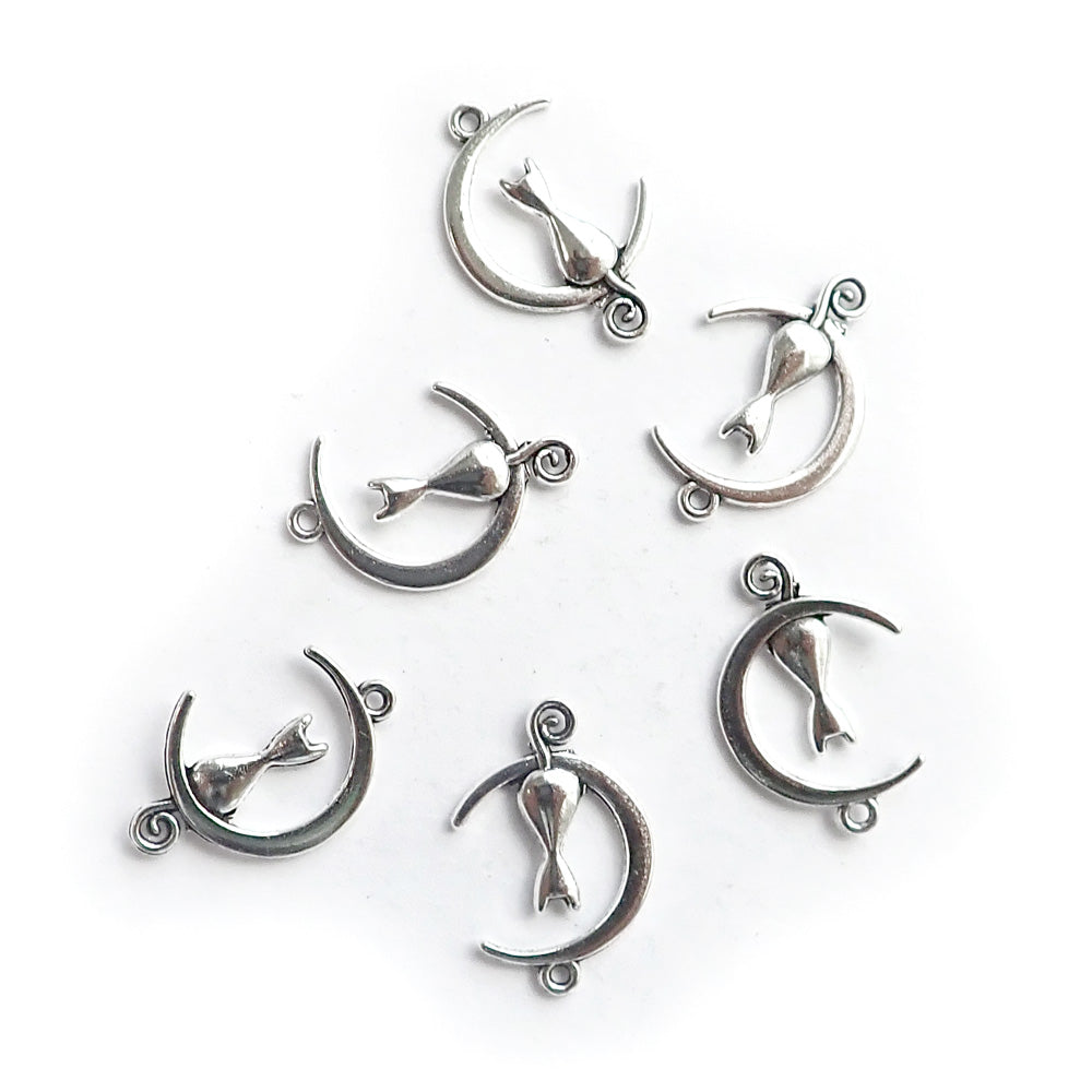 Cat Moon Silhouette Metal Charms, Silver Tone Color, 6 charms