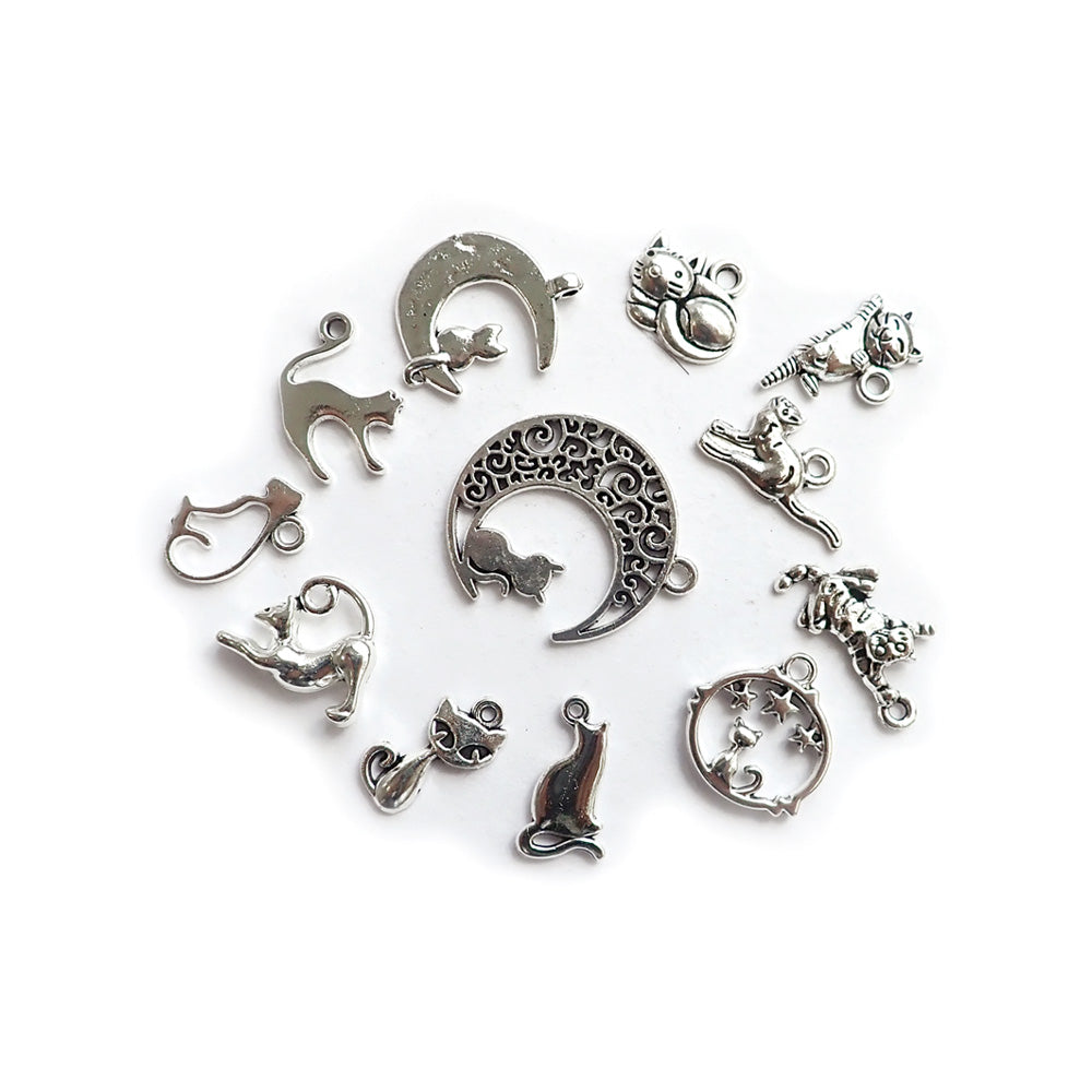 Cat Theme Charms, Mixed Shapes, Silver Color, 12 charms