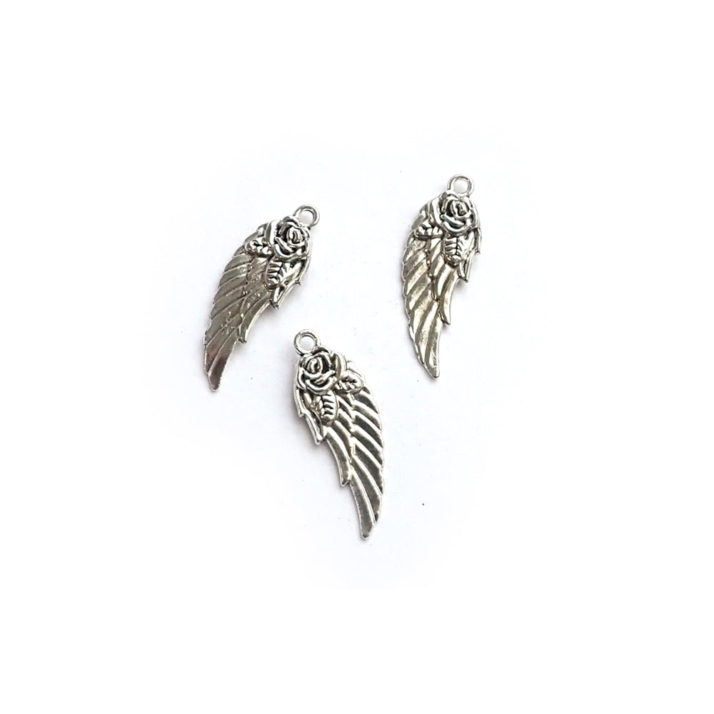 Angel Wing & Rose Metal Charms, 30 x 10mm, Silver Color, 3 charms