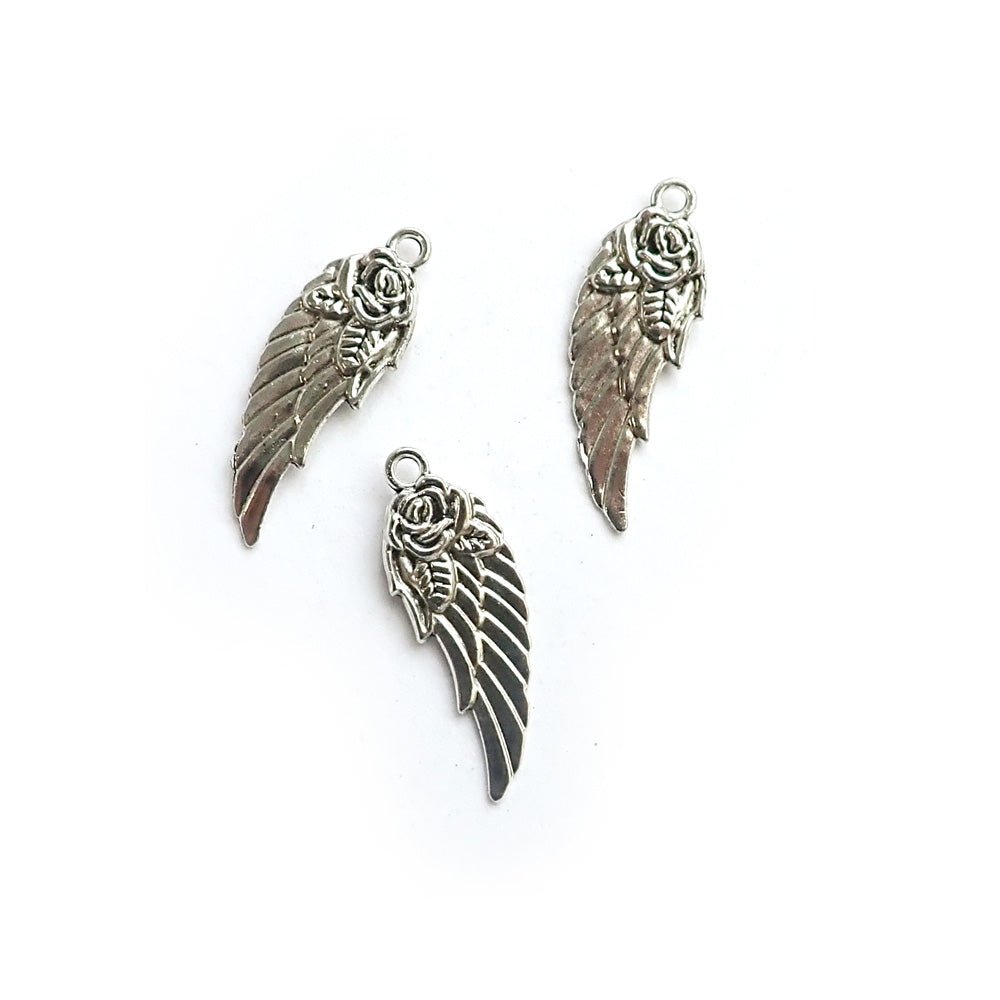 Angel Wing &amp; Rose Metal Charms, 30 x 10mm, Silver Color, 3 charms