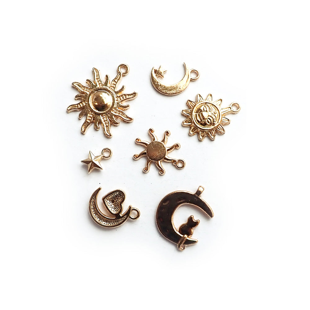 Sun, Moon, Stars Celestial Metal Charms, Mixed Shapes, Gold Tone, 7 charms