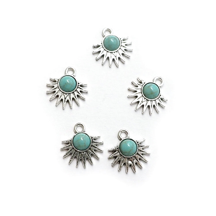 Boho Starburst Metal Charms w/ Faux Turquoise, Silver Color, 5 charms, for jewelry making & crafts
