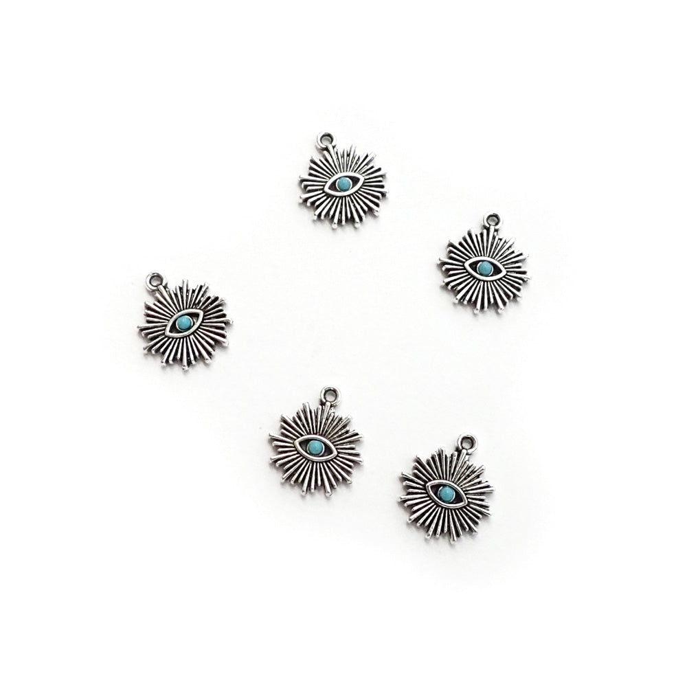 Evil Eye Starburst Metal Charms, Silver Tone Color, 5 charms