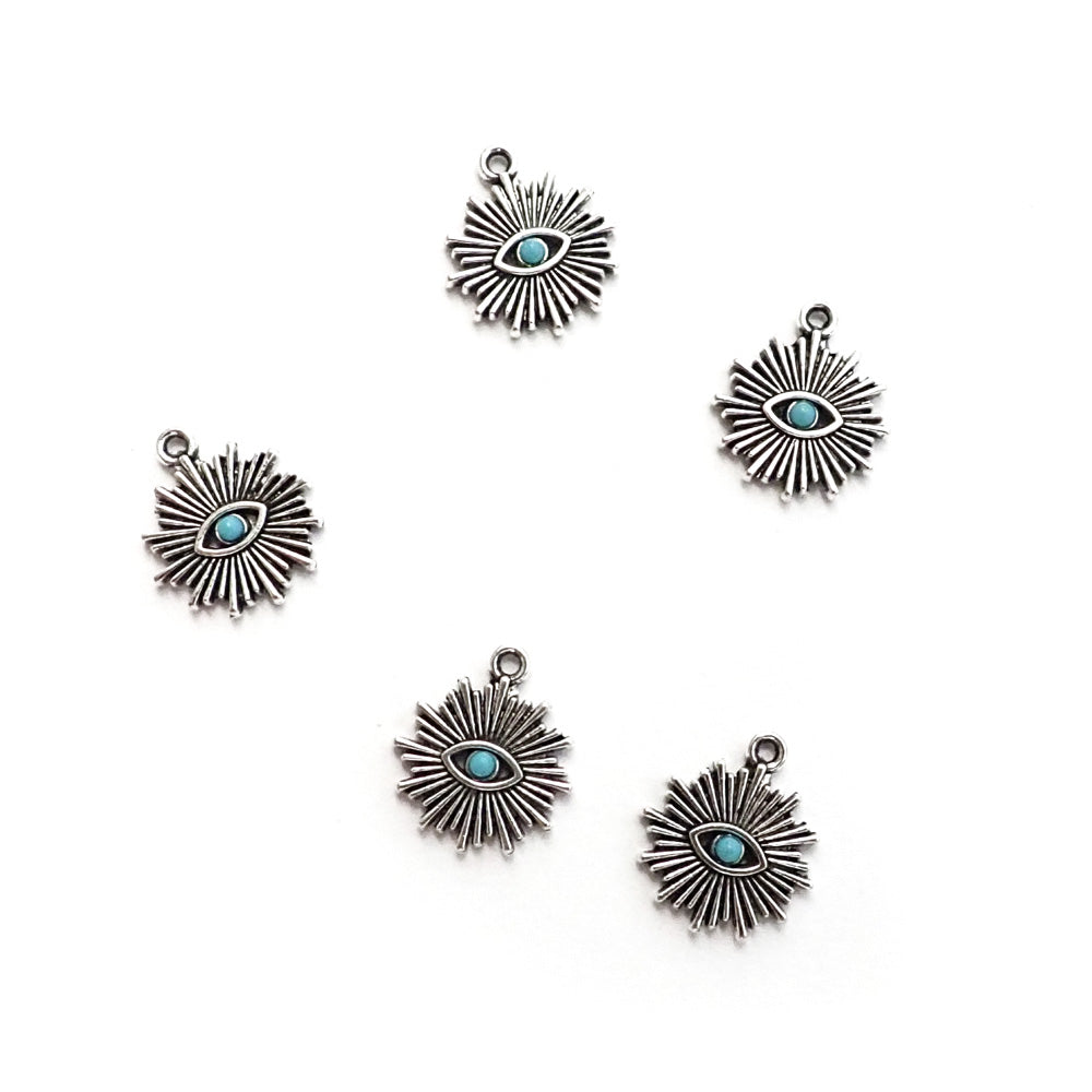 Evil Eye Starburst Metal Charms, Silver Tone Color, 5 charms