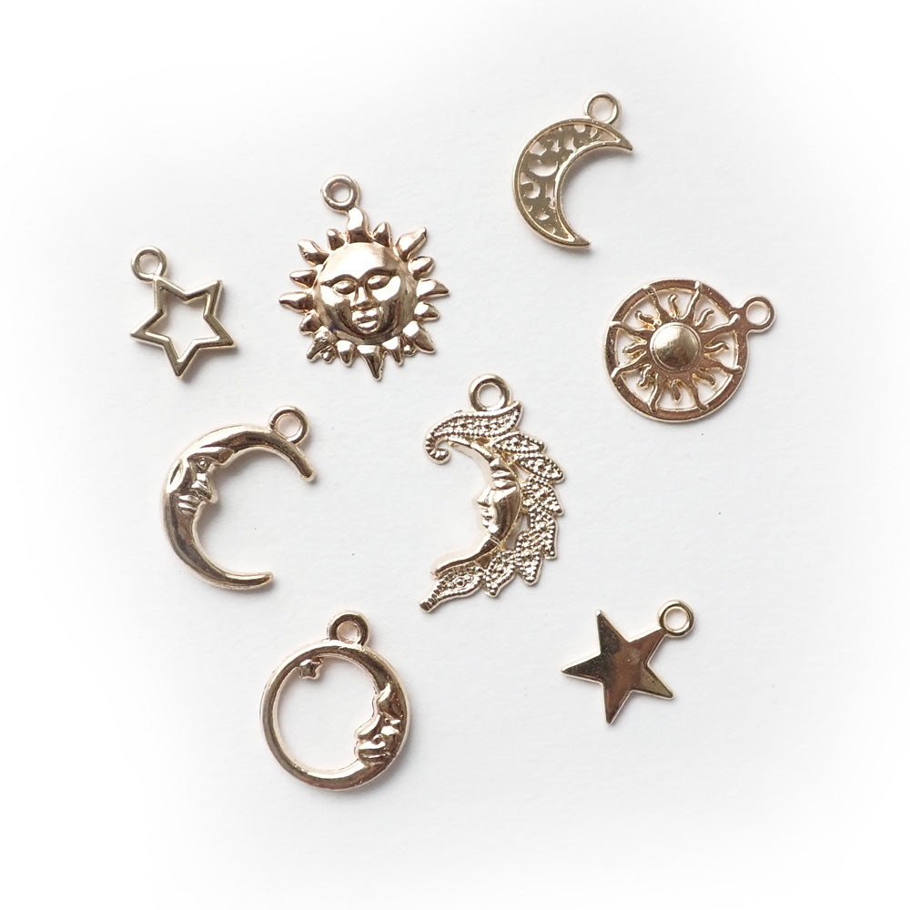Sun, Moon, Stars Celestial Metal Charm Mix, Gold Tone, 8 charms