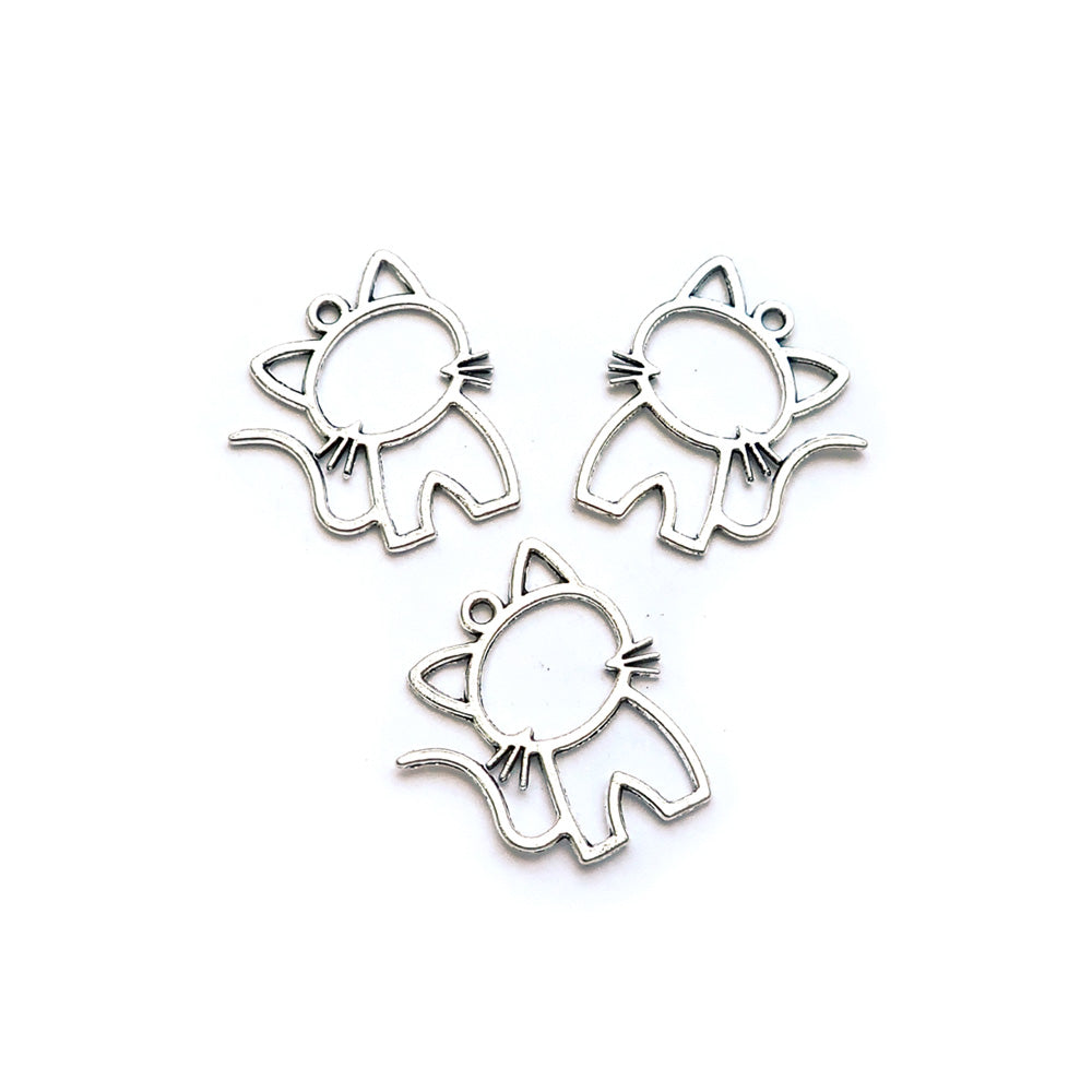 Cat Metal Charms, Outline Style, Silver Tone Color, about 3 charms