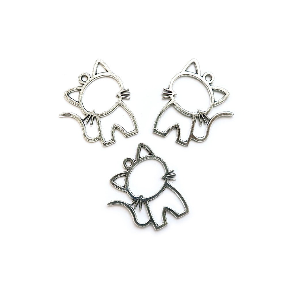 Cat Metal Charms, Outline Style, Silver Tone Color, about 3 charms