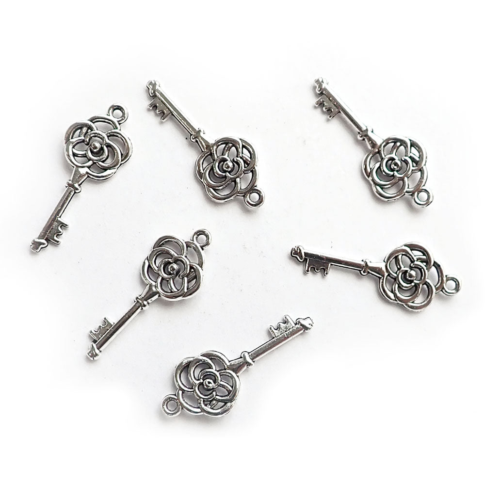 Rose Key Metal Charms, Silver Tone, about 6 charms, for making bracelets & jewelry