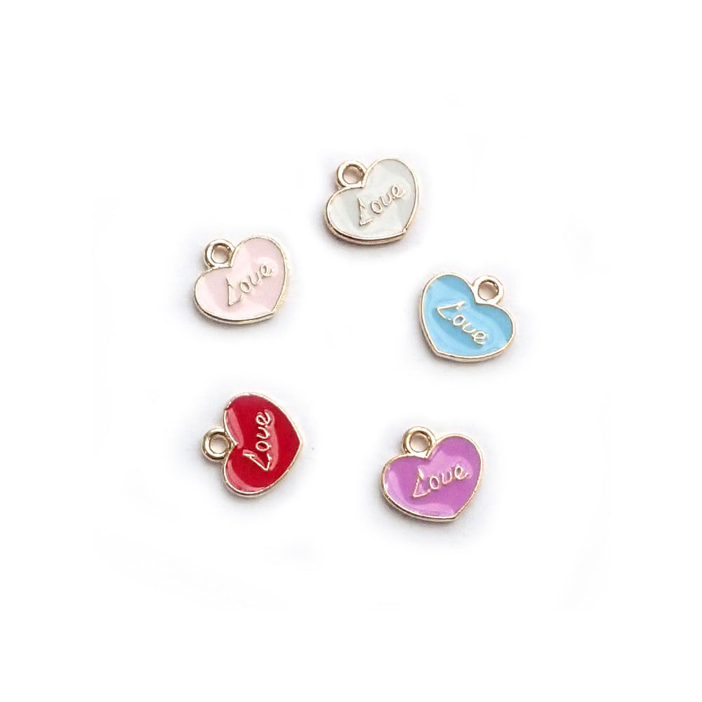 Enamel Heart Love Word Metal Charms, Mixed Colors, 5 charms