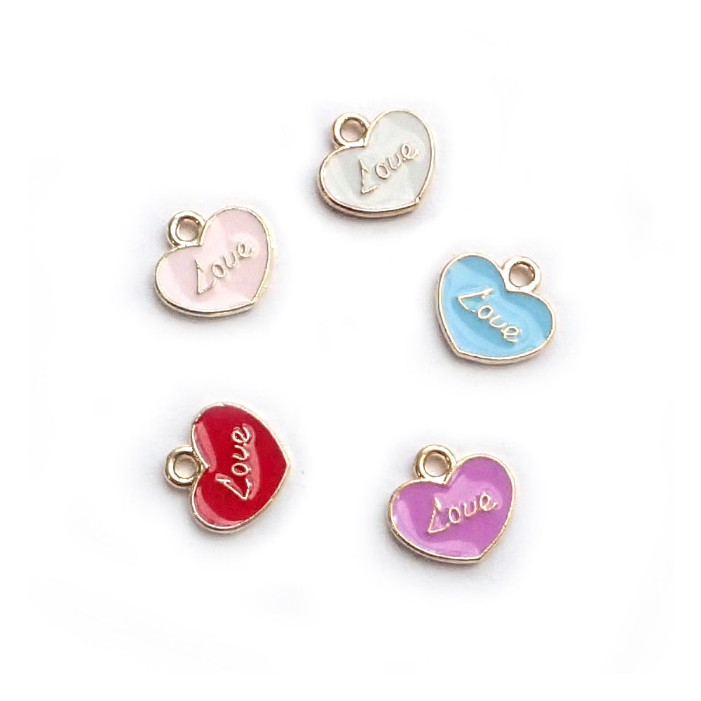 Enamel Heart Love Word Metal Charms, Mixed Colors, 5 charms