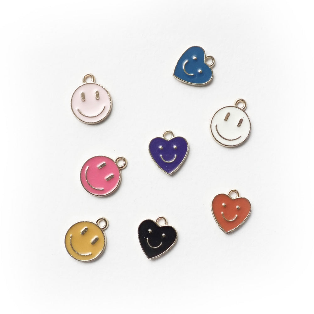 Colored enamel smiley face metal charms in heart and round shapes