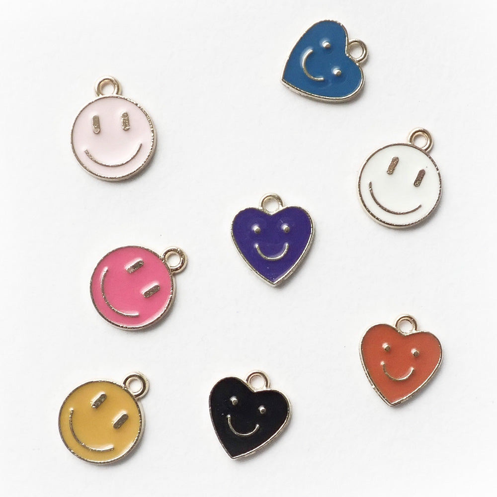 Colored enamel smiley face metal charms in heart and round shapes