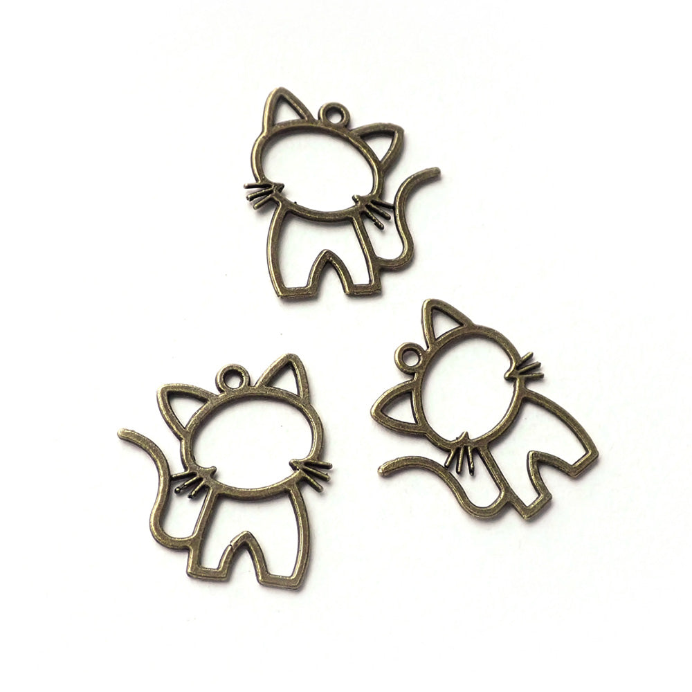 Hollow Cat Metal Charms, Antique Bronze Color, about 3 charms, for jewelry making & crafts