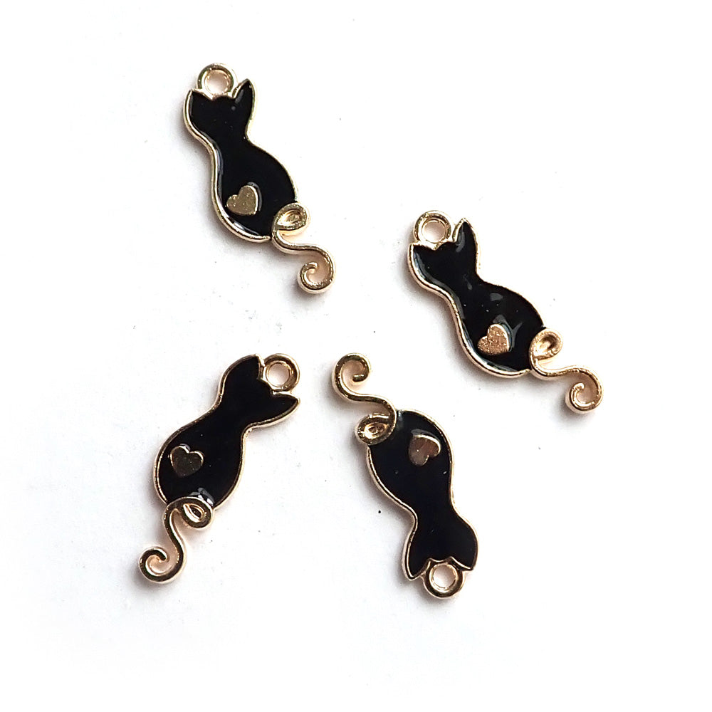 Enamel Cat w/ Curly Tail Metal Charms, Black, 4 charms, for jewelry making & crafts