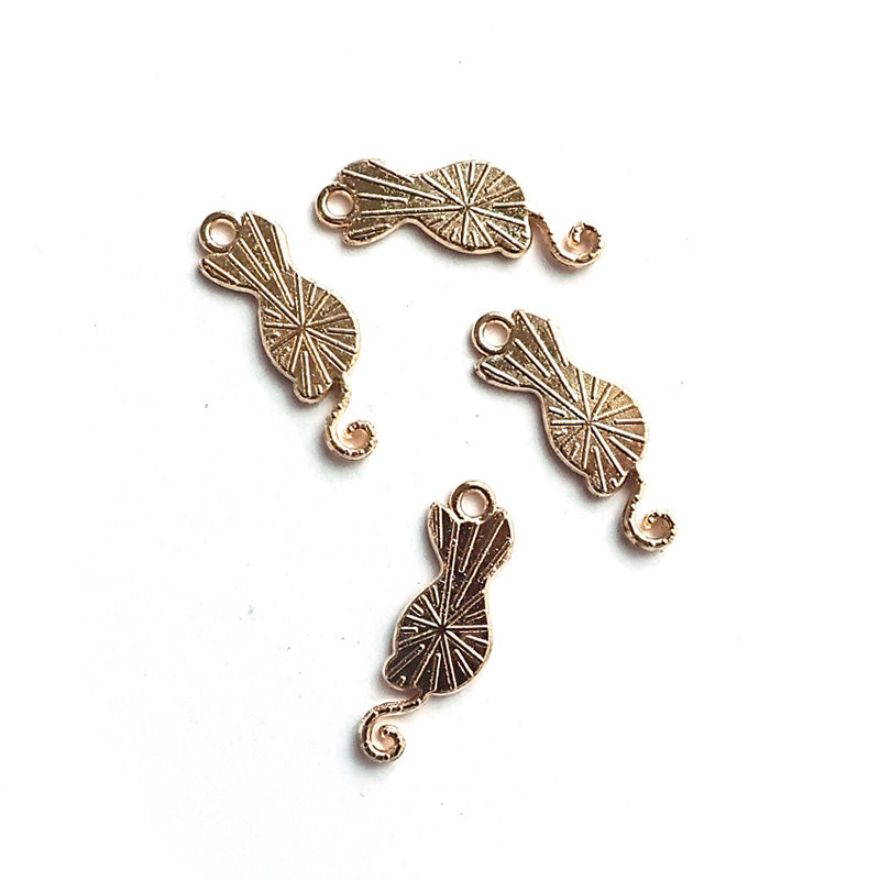 Enamel Cat w/ Curly Tail Metal Charms, Turquoise, 4 charms, for jewelry making & crafts