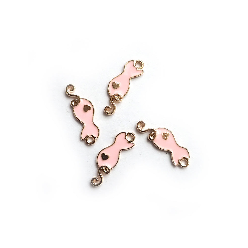 Enamel Cat w/ Curly Tail Metal Charms, Pink, 4 charms