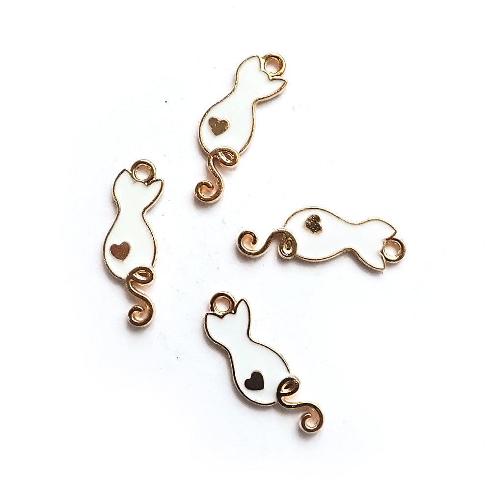Enamel Cat w/ Curly Tail Metal Charms, White, 4 charms, for jewelry making & crafts