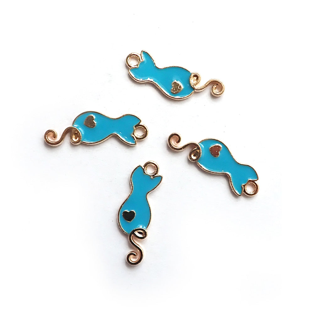 Enamel Cat w/ Curly Tail Metal Charms, Turquoise, 4 charms