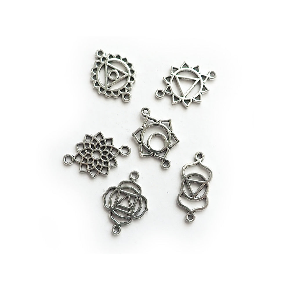 Chakra Sacred Geometry Metal Jewelry Links, Mix Shapes, Silver Color, 6 pieces