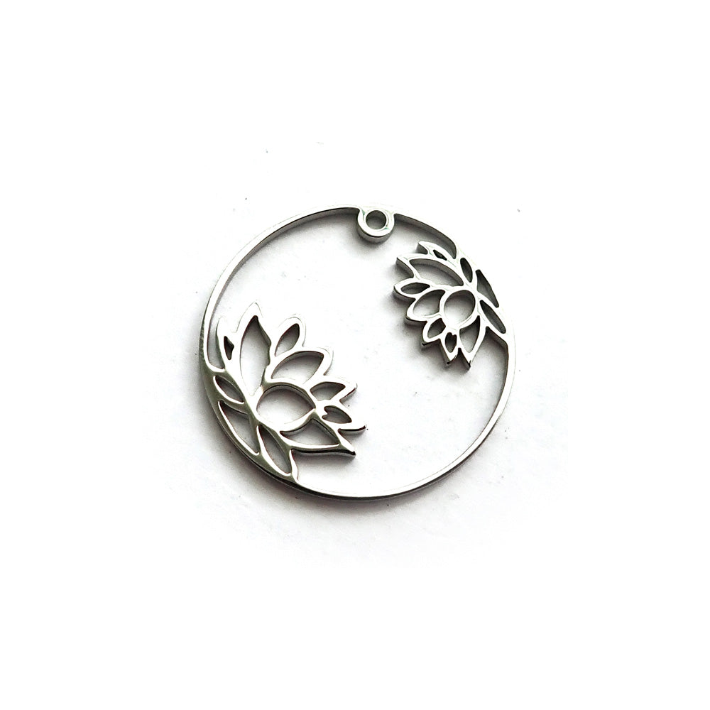 Lotus Circle Silver Stainless Steel 1&quot; Metal Charm, 1 Charm