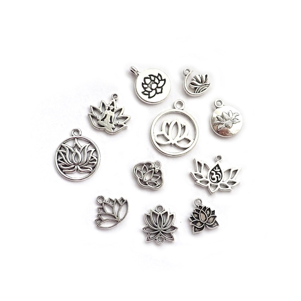 Lotus Theme Metal Charms, Mixed Shapes, Silver Tone Color, 11 charms