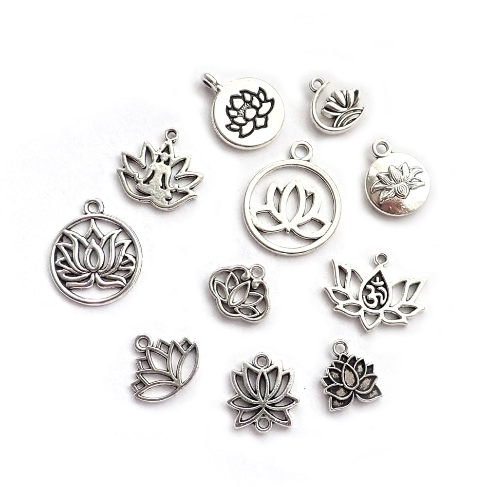 Lotus Theme Metal Charms, Mixed Shapes, Silver Tone Color, 11 charms