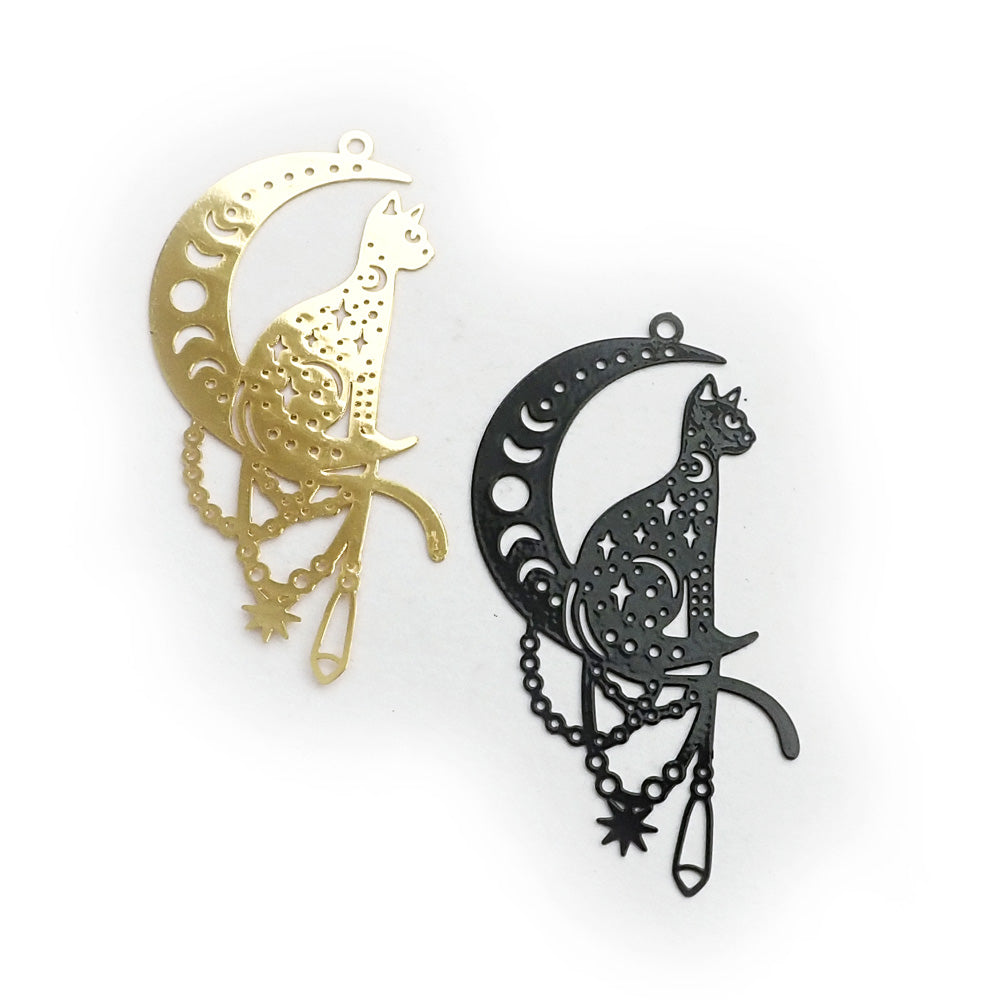 Cat Moon Lasercut Thin Metal Charms Earring Findings, Black &amp; Gold, 2 charms