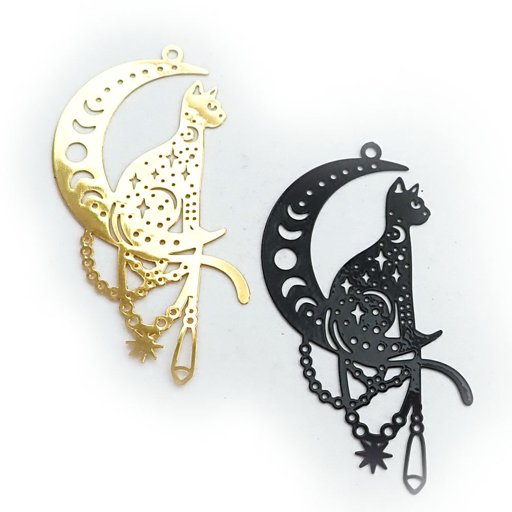 Cat Moon Lasercut Thin Metal Charms Earring Findings, Black & Gold, 2 charms