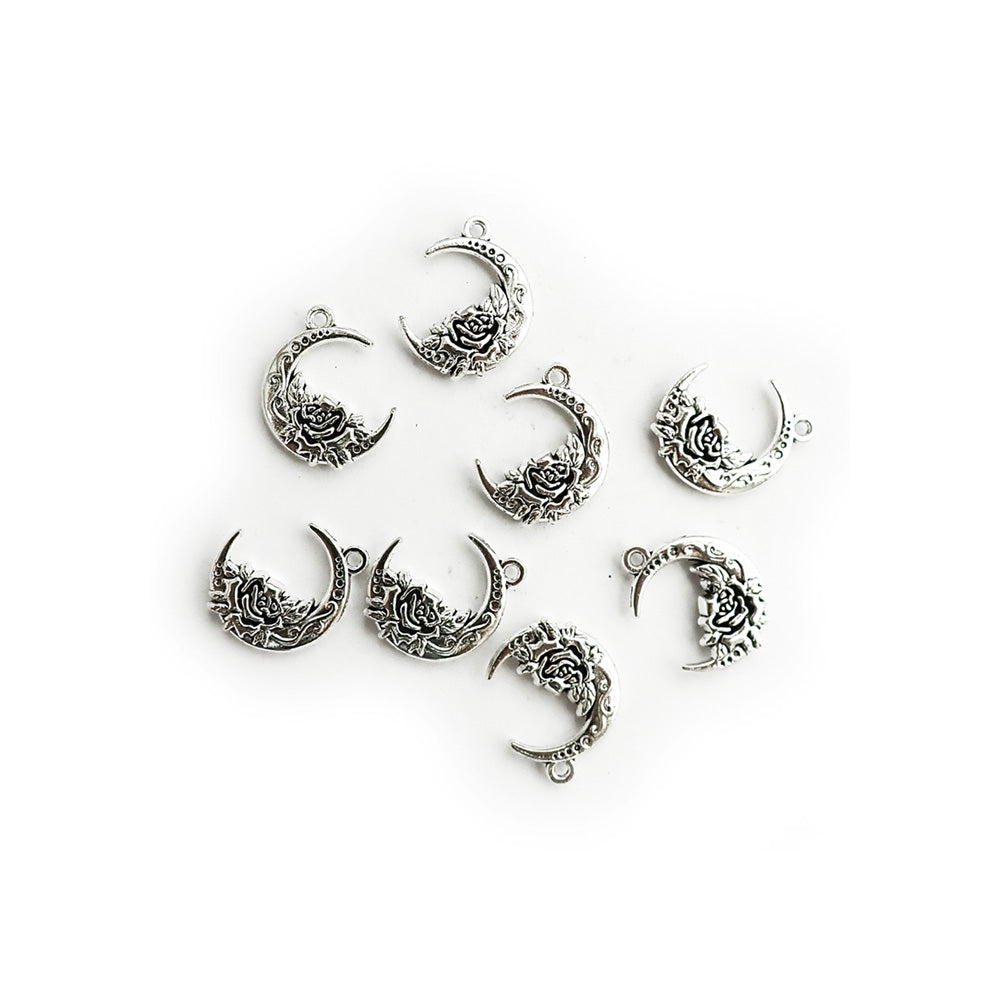 Ornate Moon Rose Charms, Silver Tone Color, 5 charms